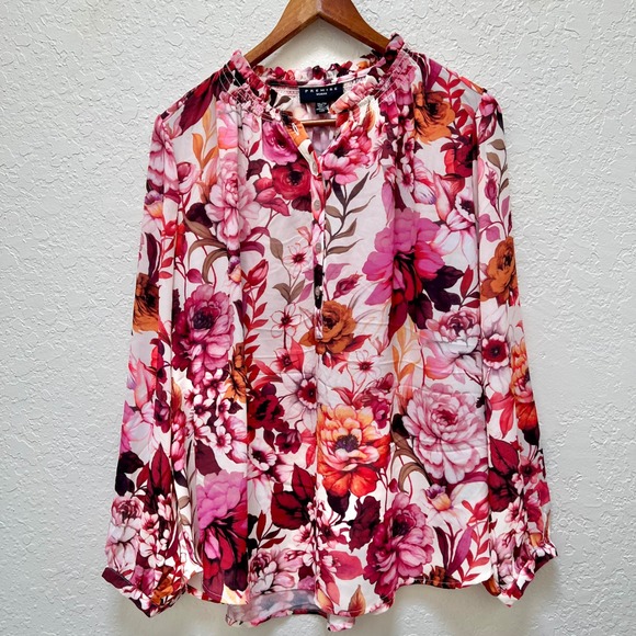 Premise Tops - Premise NEW Woman 1X Floral Print Blouse Long Sleeve Ruffle Neck Button Front